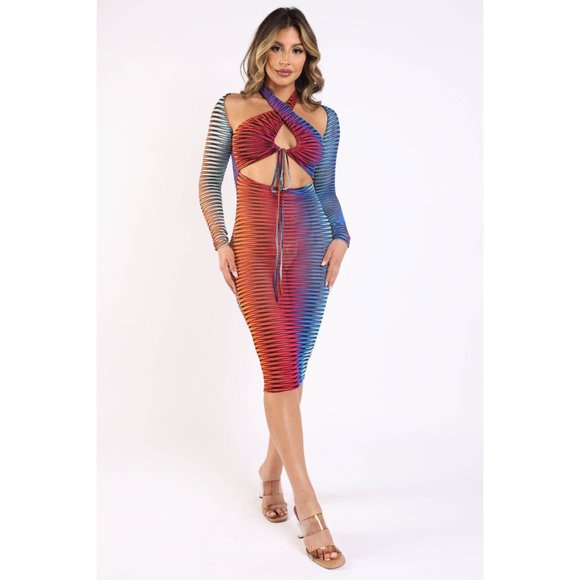 Women's Long Sleeve Printed Textured Mesh Halter Casual Sexy Midi Dress S, M, L - Picture 11 of 12